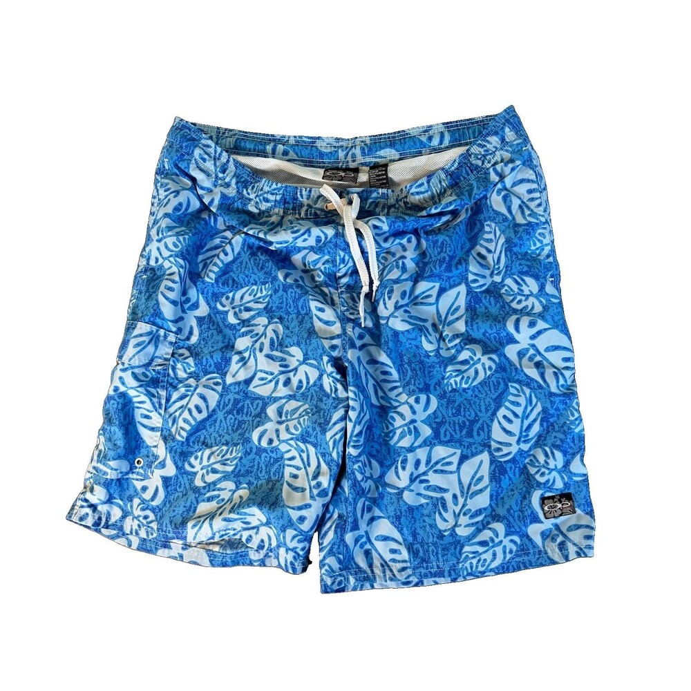OP Men’s Swim Trunks Blue White Tropical Floral L Drawstring Mesh Lined Pockets
